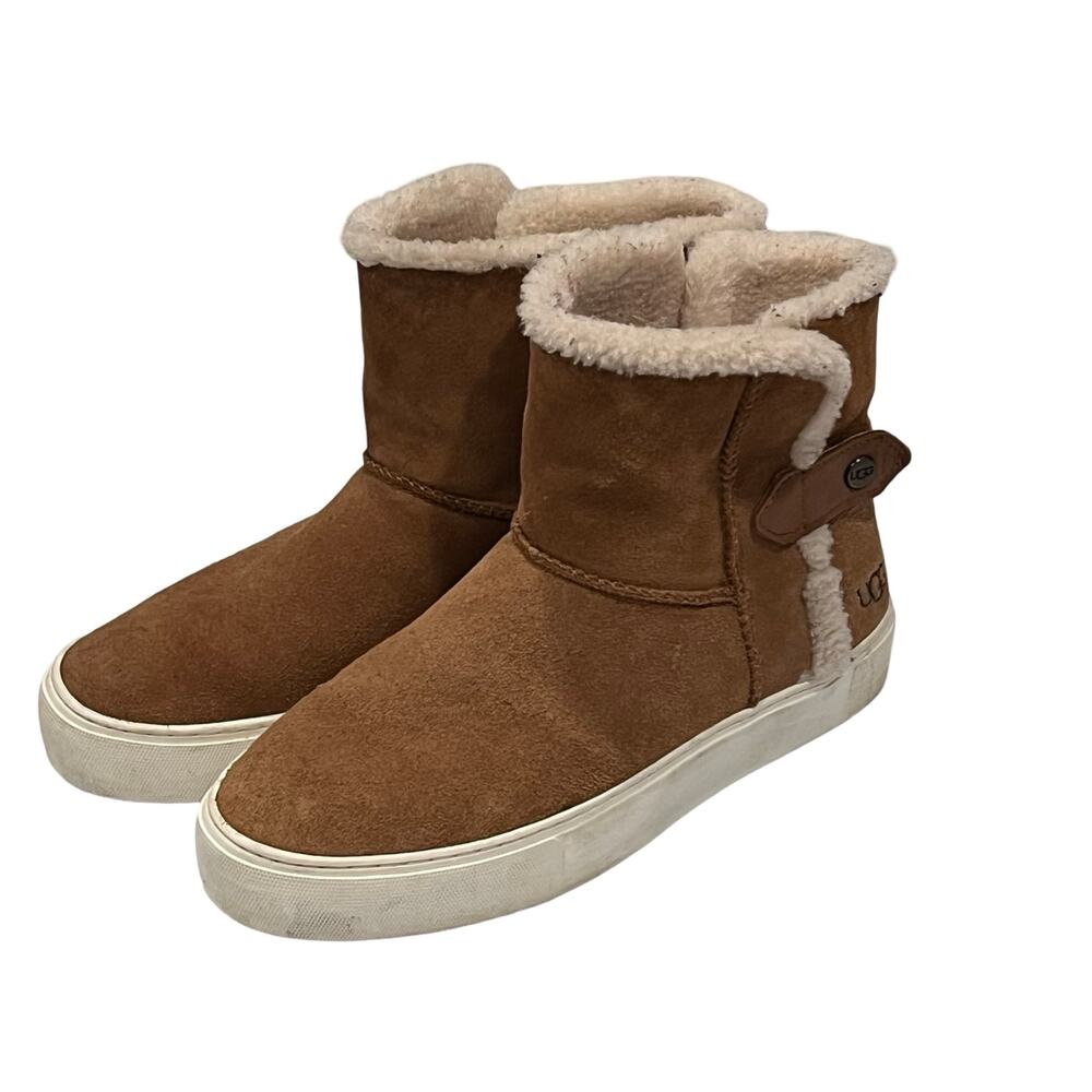 UGG Priya Womens 7 Brown Suede Sneaker Plush Bootie Slip On Snap Cozy Comfy